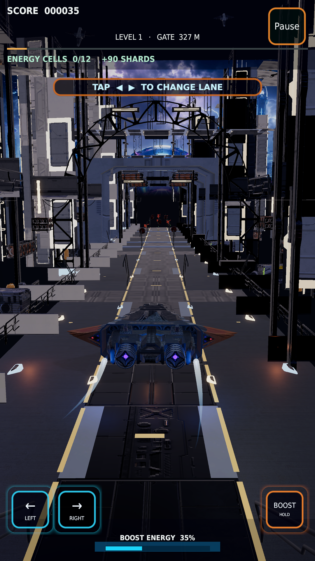 In-game hovercraft, three neon lanes and readable score display